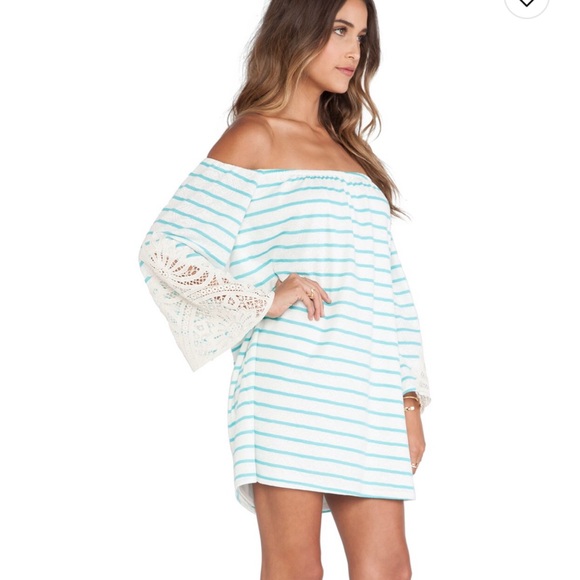 Vava by Joy Han Dress White and Blue Off-Shoulder Crochet Striped Size S - Picture 4 of 9